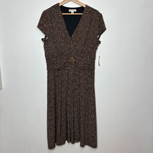 Coldwater Creek Sketched dtl knit drs Tiered Brown Wrap Short Sleeve Dress 16